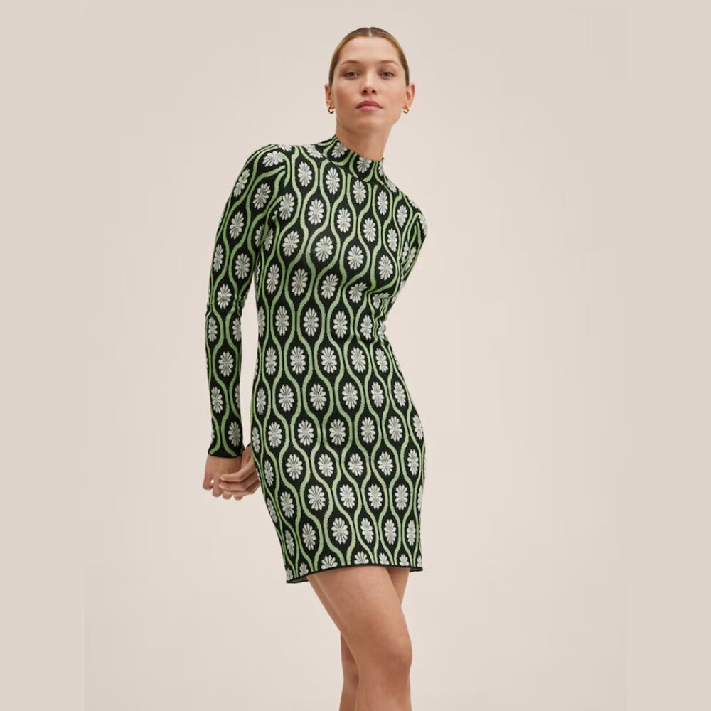 NWT Mango Black, Green & White Retro Printed Long Sleeve Mini Dress